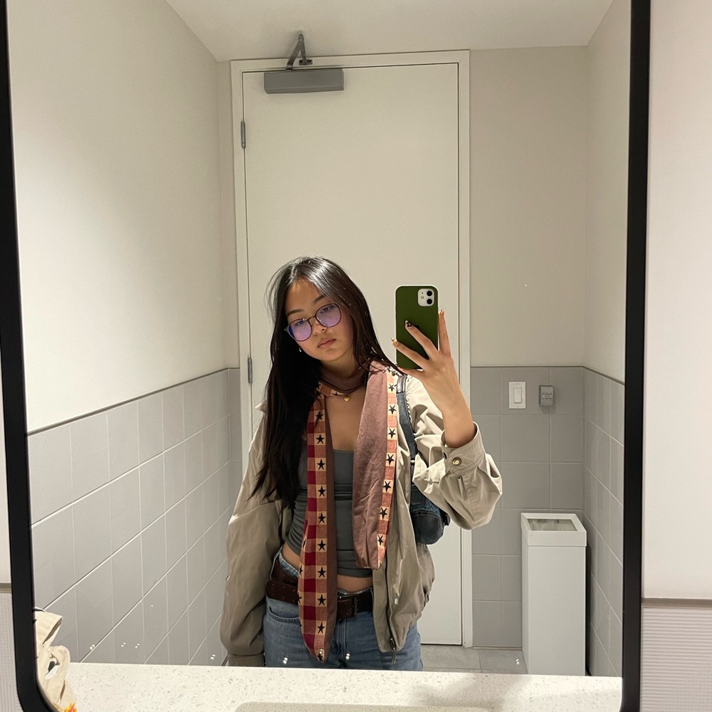 Stylish Beige Jacket with Star Patterned Scarf